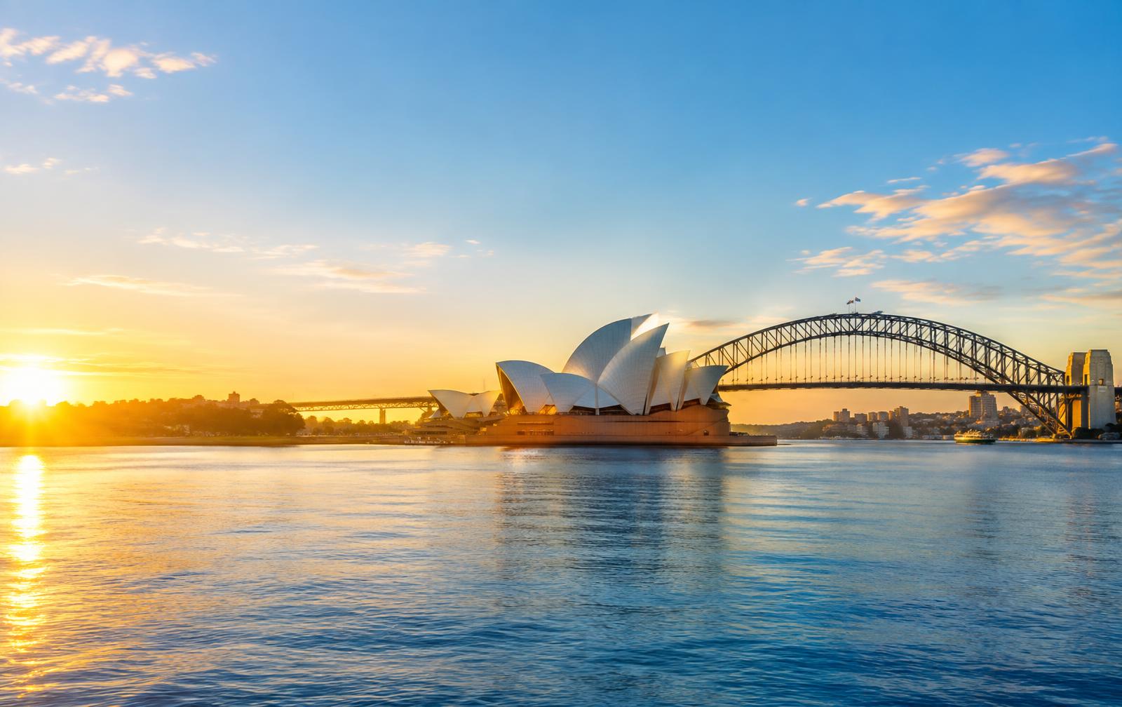 Sydney Opera House and Harbour Bridge at sunrise