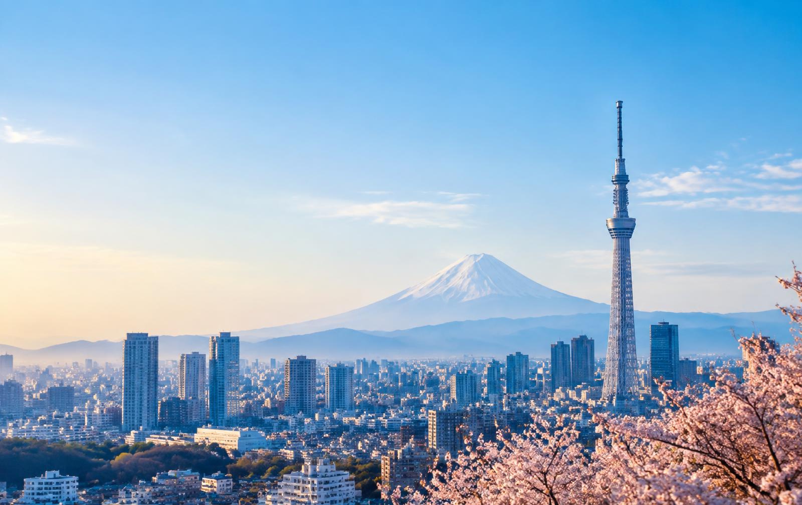 Tokyo skyline with Mount Fuji and cherry blossoms