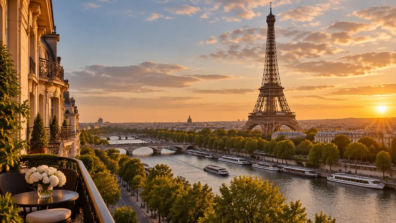 The Eiffel Tower and the Seine in Paris at golden hour