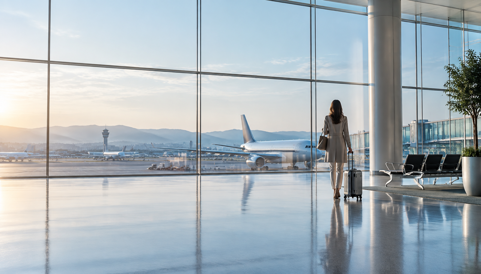 Traveller walking through a bright international airport departure hall at sunrise