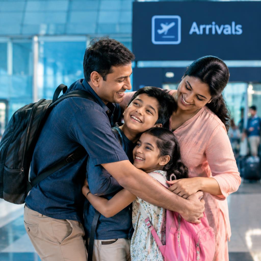 Family reunited at an airport arrivals gate